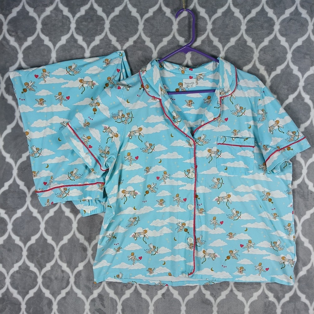 BedHead PJs Pajama Set Women Extra Large Blue Cherub Cupid Print Short Sleeve